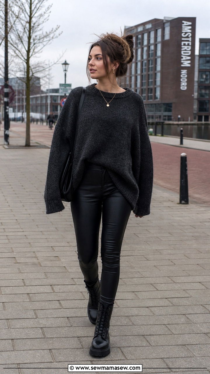 Oversized Sweater With Leather Leggings And Combat Boots - 40 What to wear in Amsterdam
