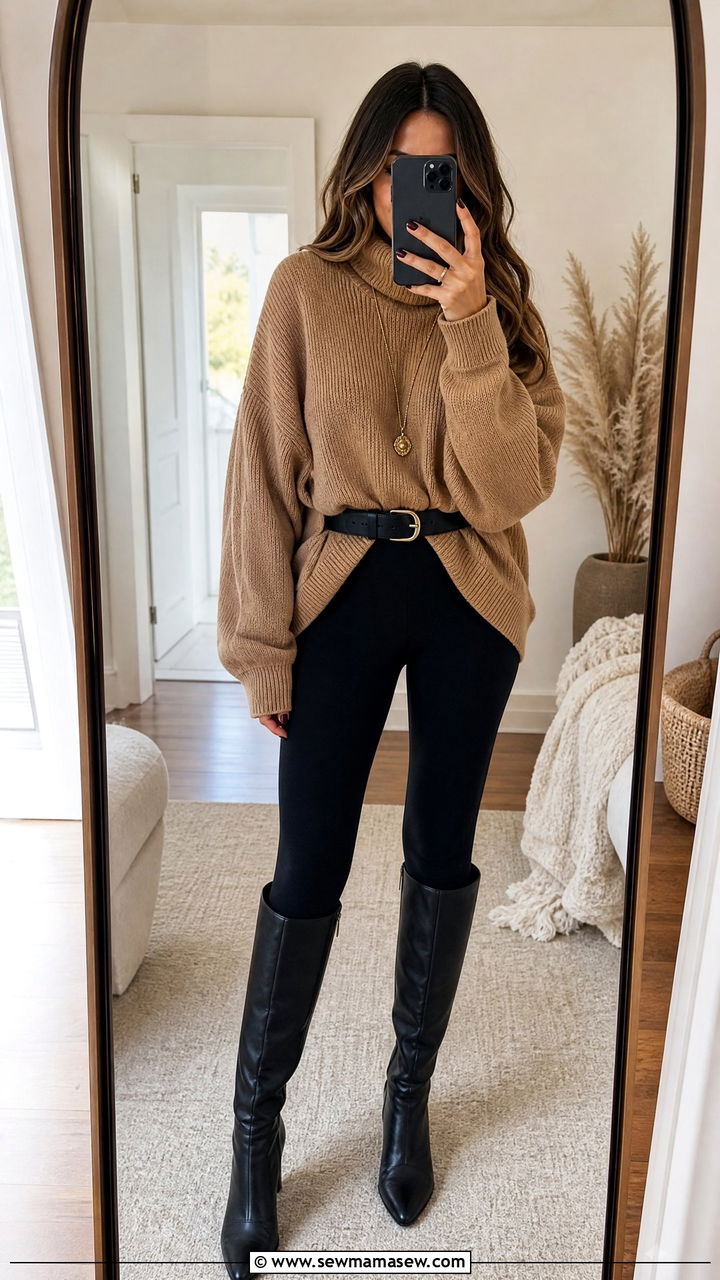 Oversized Sweater With Leggings And Belt - 25 casual outfits for rectangle body shape