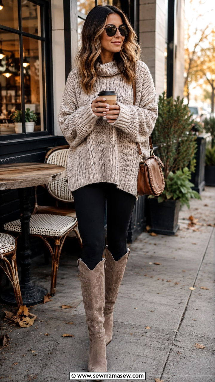 Oversized Sweater With Leggings And Knee High Western Boots - 30 transitional western outfit ideas