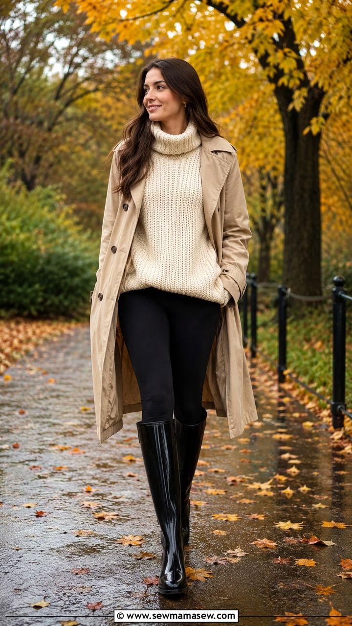 Oversized Sweater With Leggings and Rain Boots - 30 Rainy day school outfit ideas