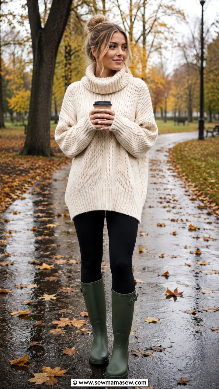 Oversized Sweater With Leggings and Rain Boots - 30 rainy day outfits casual