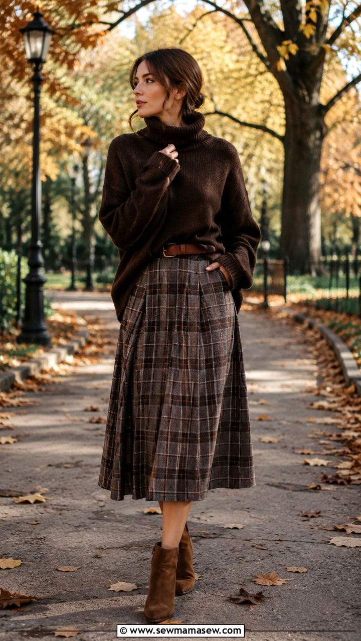 Oversized Sweater With Plaid Midi Skirt and Ankle Boots - 30 Oversized sweater with a skirt outfit ideas