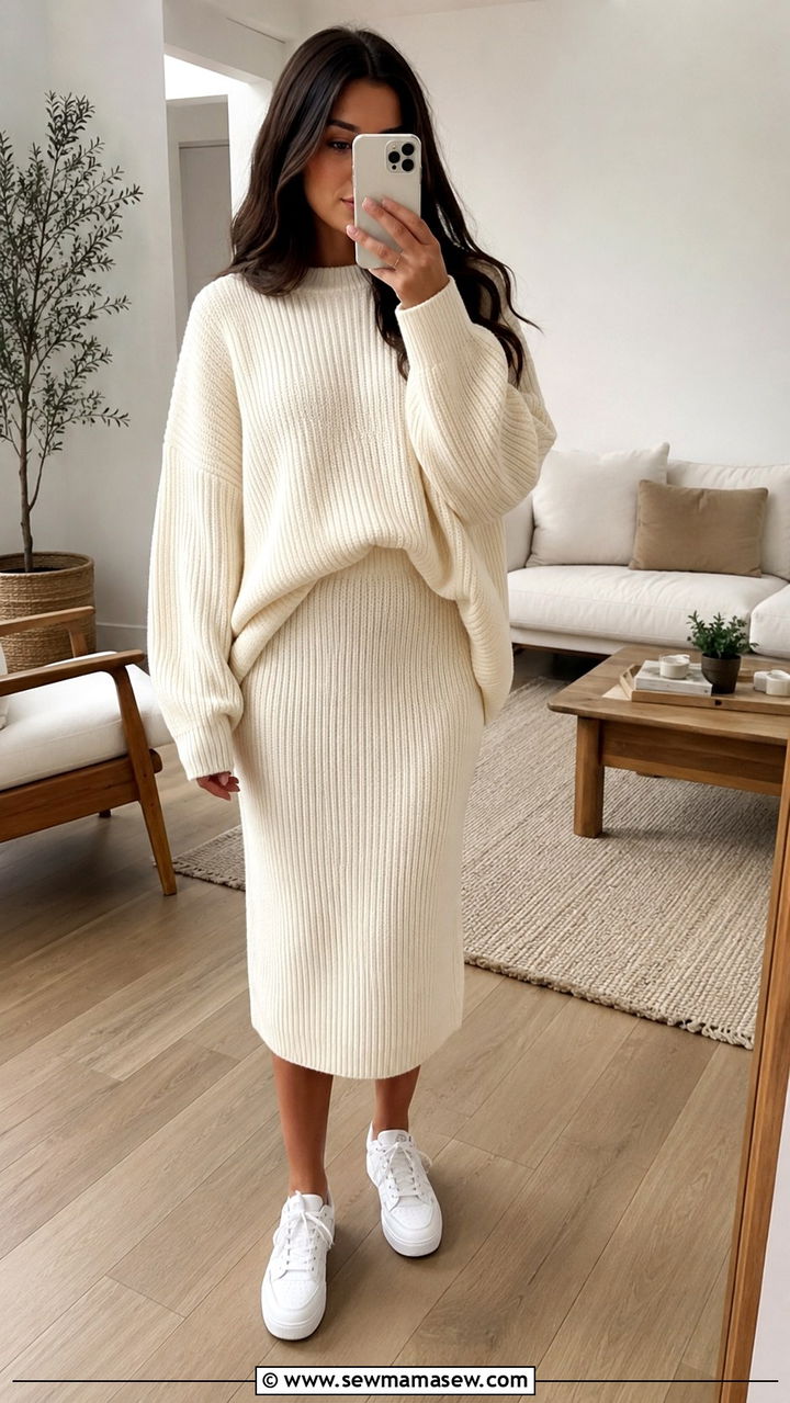 Oversized Sweater With Ribbed Knit Midi Skirt - 30 Oversized sweater with a skirt outfit ideas