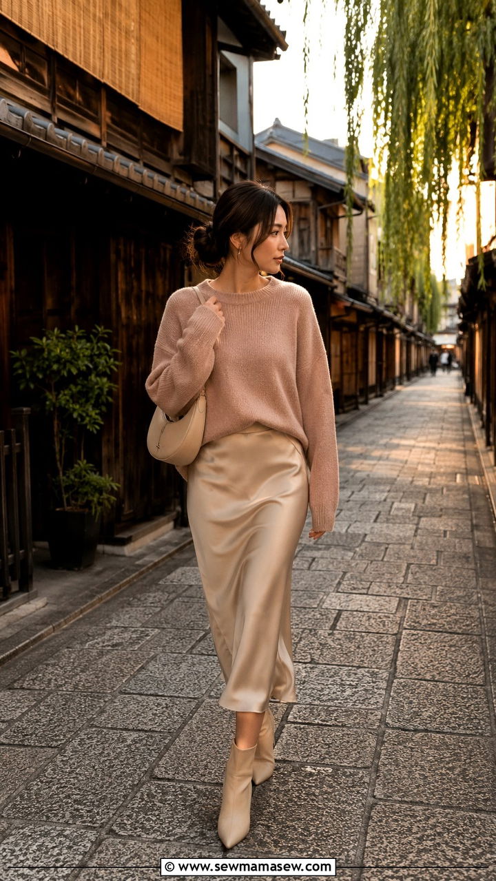Oversized Sweater With Satin Skirt Kyoto - 30 Kyoto outfit ideas