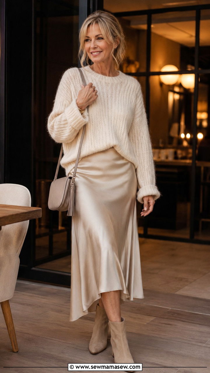 Oversized Sweater With Satin Slip Skirt - 30 Chic outfits for women over 50