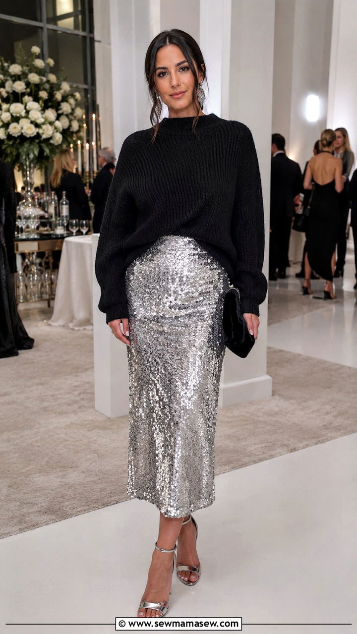 Oversized Sweater With Sequin Midi Skirt for Evening - 30 Oversized sweater with a skirt outfit ideas