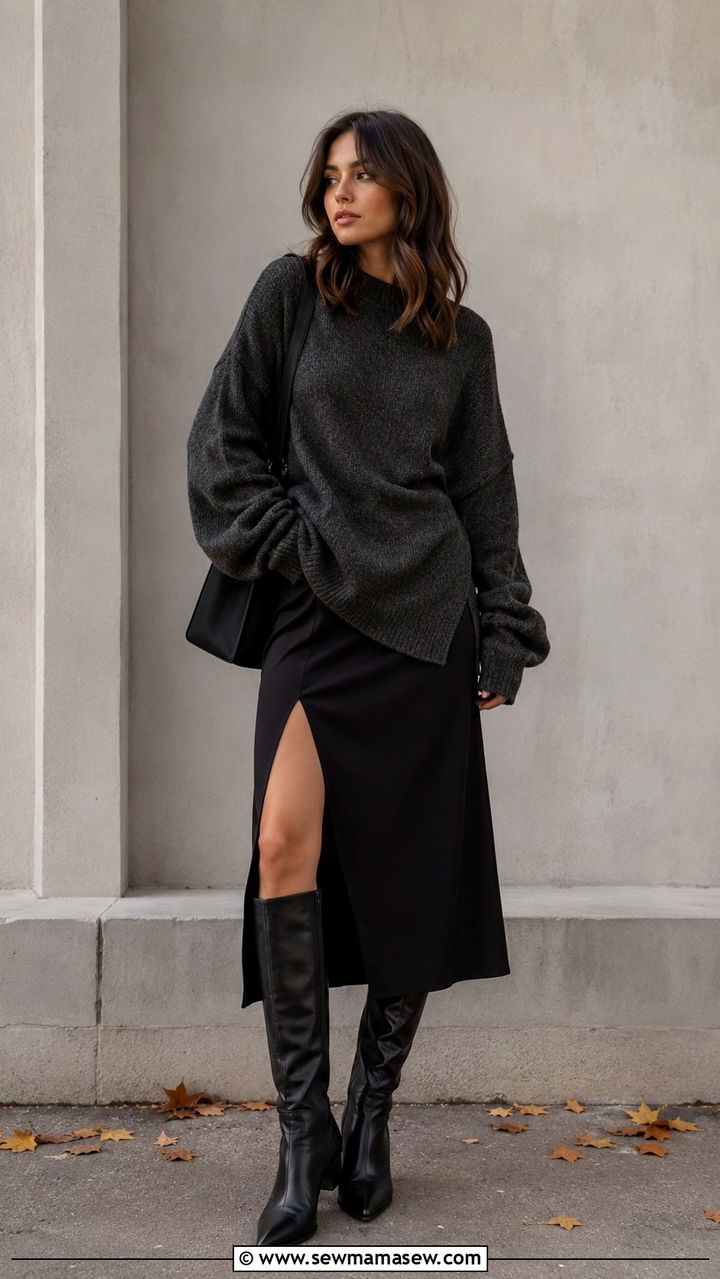 Oversized Sweater With Side Slit Skirt And Knee High Boots - 30 casual edgy outfits