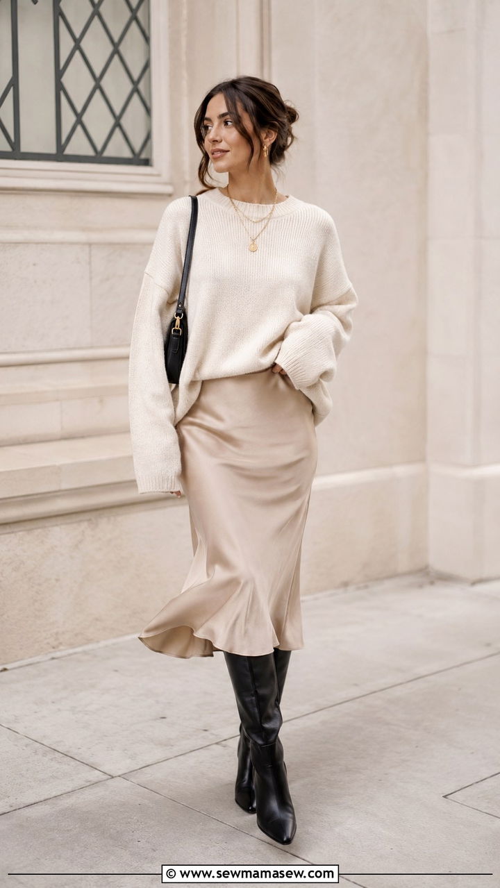 Oversized Sweater With Slip Skirt - 30 transitional cute outfit ideas
