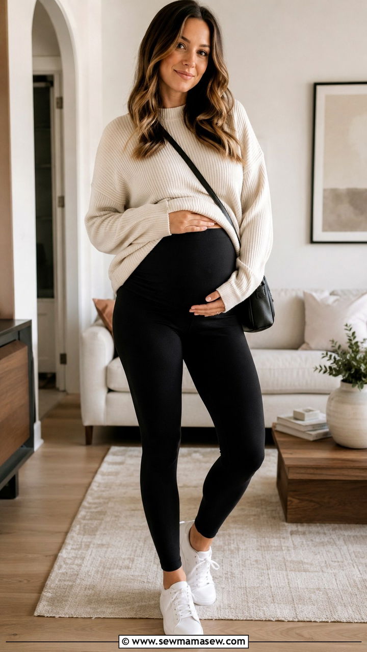 Oversized Sweater With Stretchy Leggings - 20 Maternity outfit ideas first trimester
