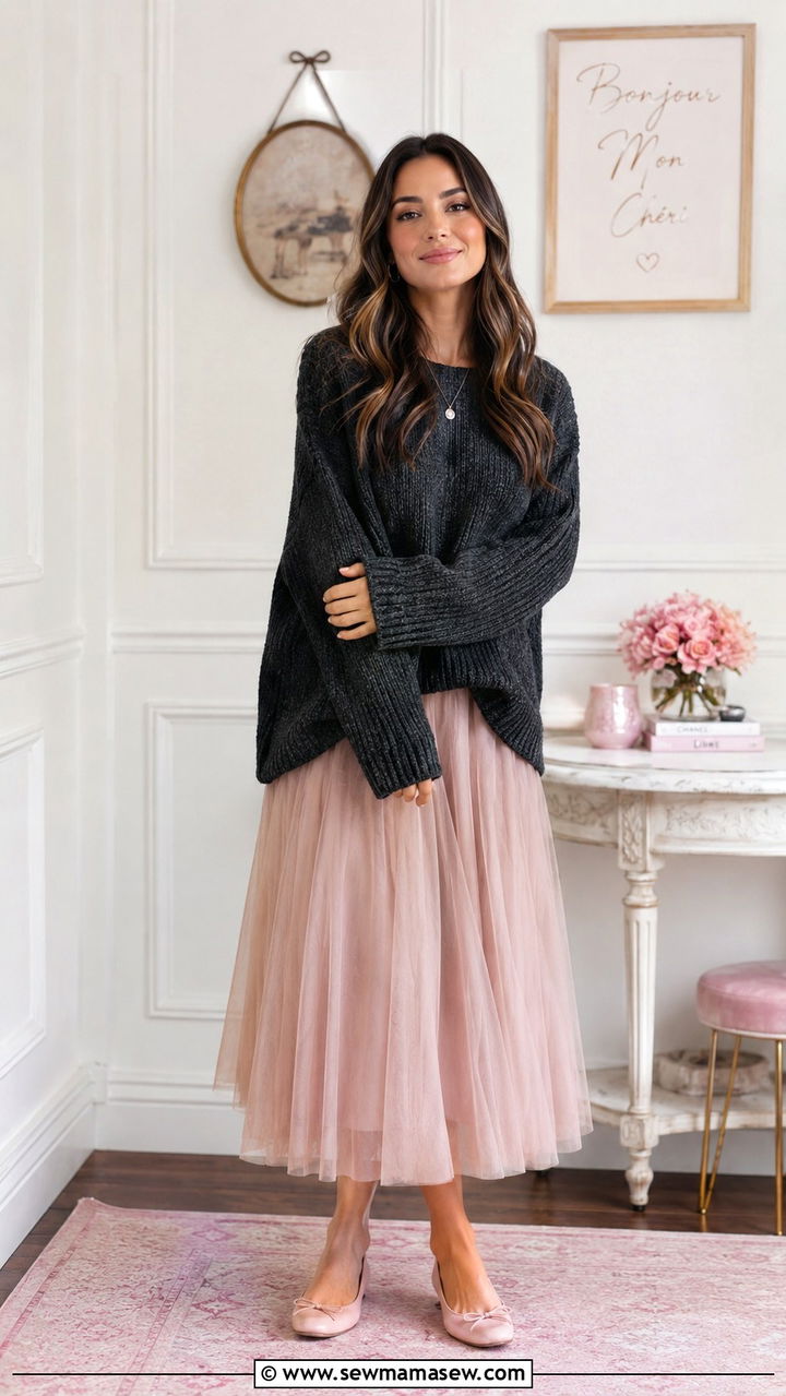 Oversized Sweater With Tulle Midi Skirt - 30 Oversized sweater with a skirt outfit ideas
