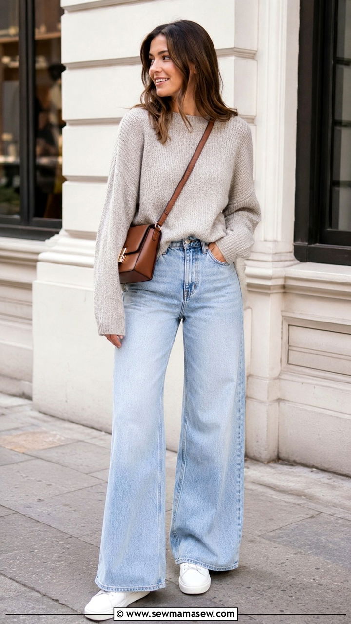 Oversized Sweater With Wide Leg Jeans And Sneakers - 30 transitional everyday outfits for women
