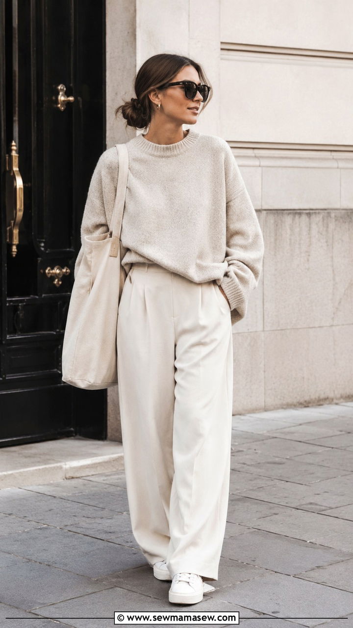 Oversized Sweater With Wide Leg Trousers And Sneakers - 25 Wide leg trousers outfit ideas with a sweater