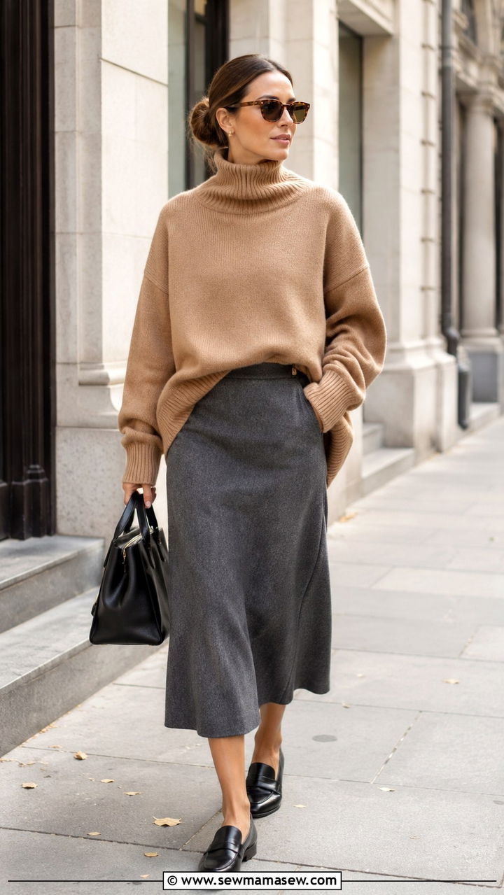 Oversized Sweater With Wool Midi Skirt and Loafers - 30 Oversized sweater with a skirt outfit ideas