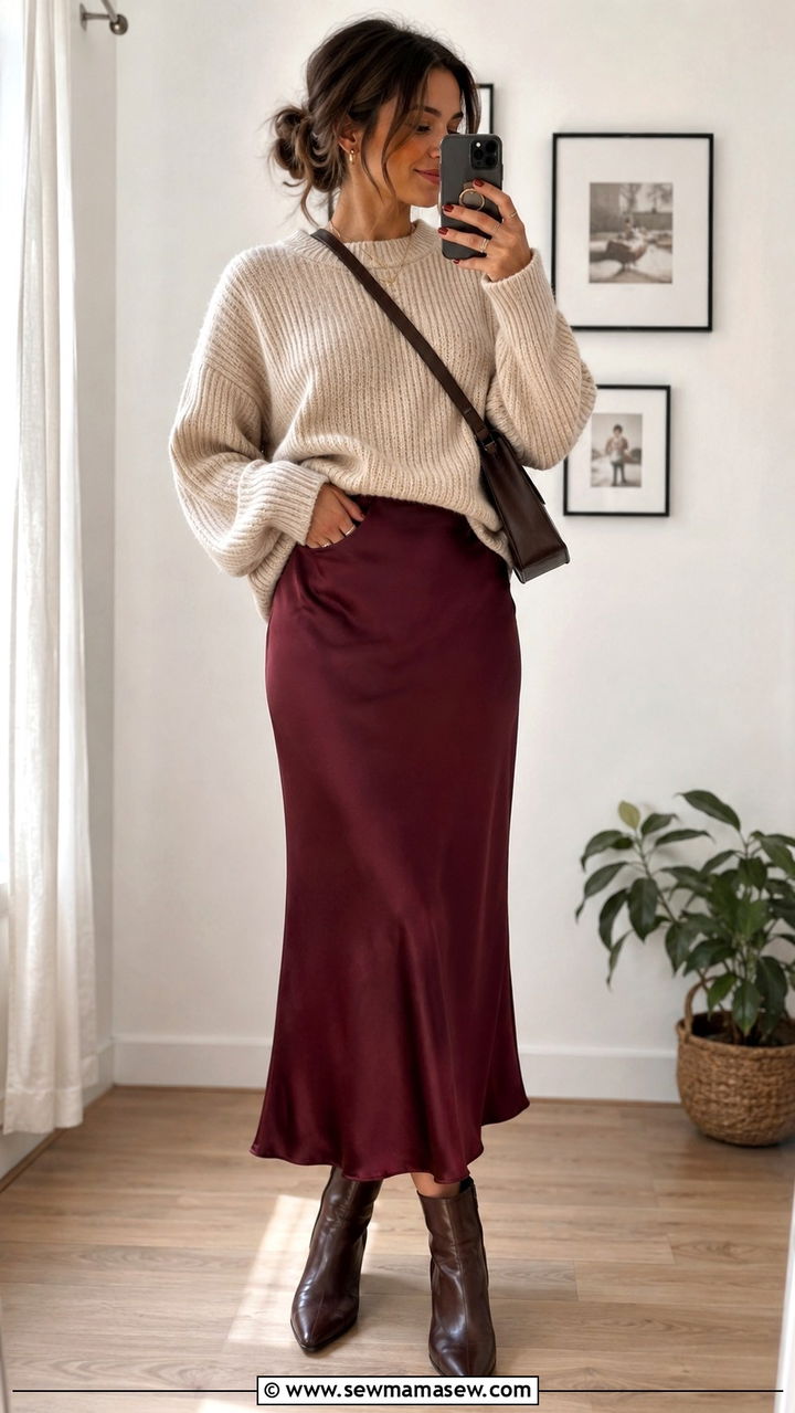 Oversized Sweater and Bias Cut Satin Skirt - 25 Parisian outfit ideas in April