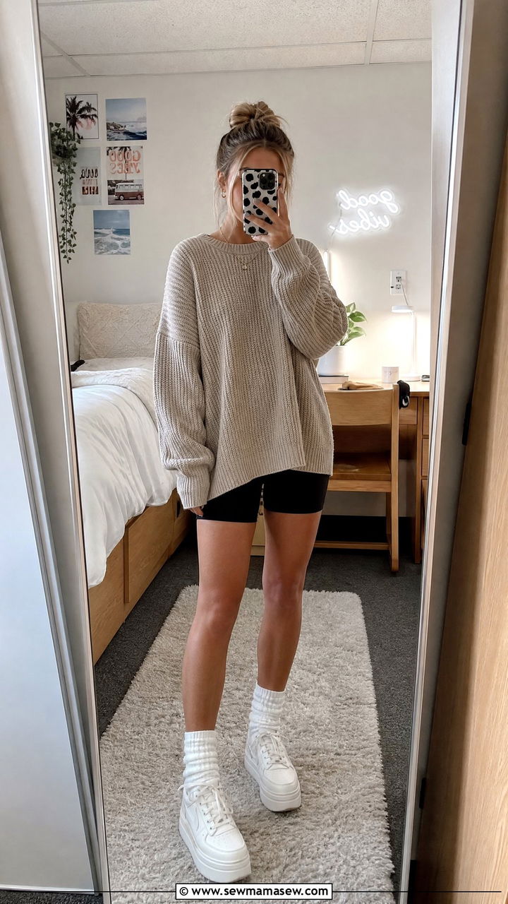 Oversized Sweater and Biker Shorts - 25 Boarding school outfit ideas teens