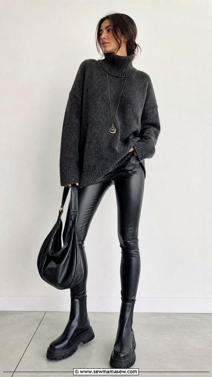 Oversized Sweater and Faux Leather Leggings - 25 classy grunge outfits