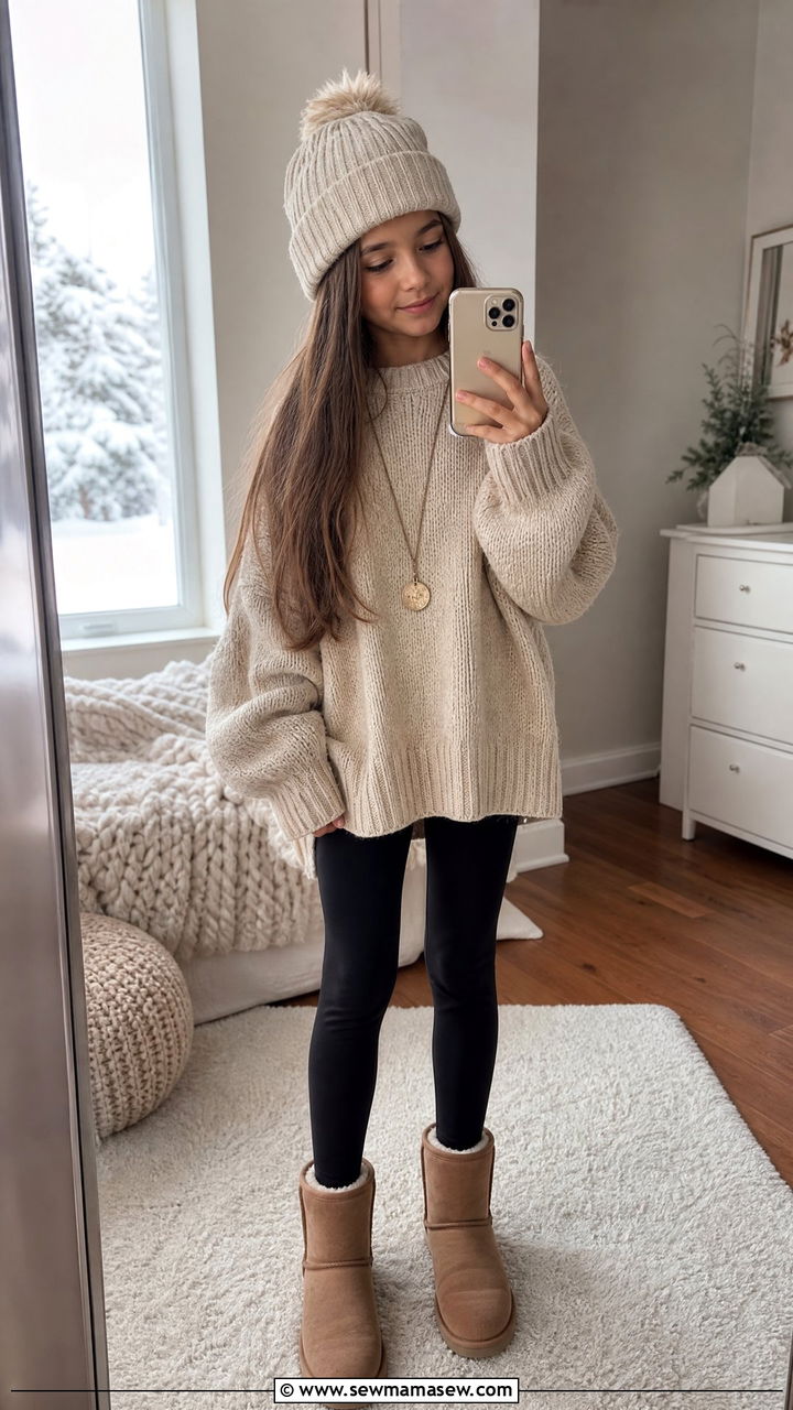 Oversized Sweater and Fleece Lined Leggings Outfit - 30 Tween outfit ideas aesthetic