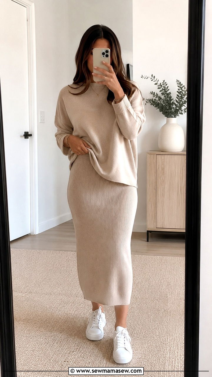 Oversized Sweater and Knit Midi Skirt Set - 30 Oversized sweater with a skirt outfit ideas