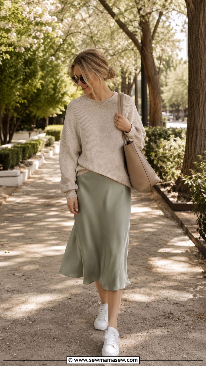 Oversized Sweater and Midi Skirt Outfit - 30 spring outfits for postpartum women