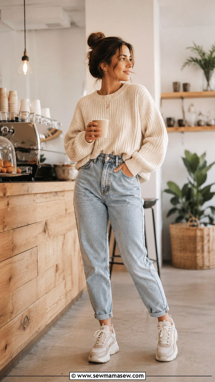 Oversized Sweater and Mom Jeans Barista Outfit - 20 Barista outfit ideas