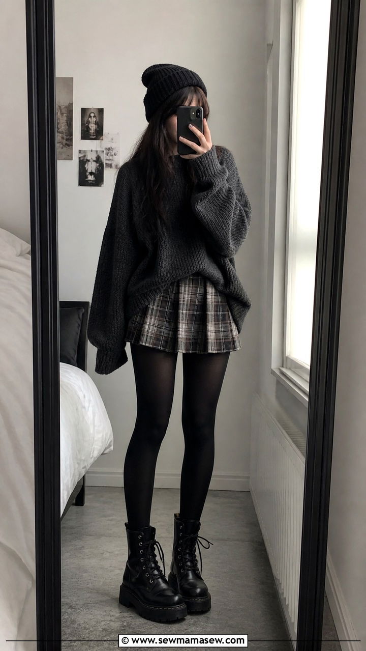 Oversized Sweater and Plaid Mini Skirt Grunge Style - 40 grunge outfits for women
