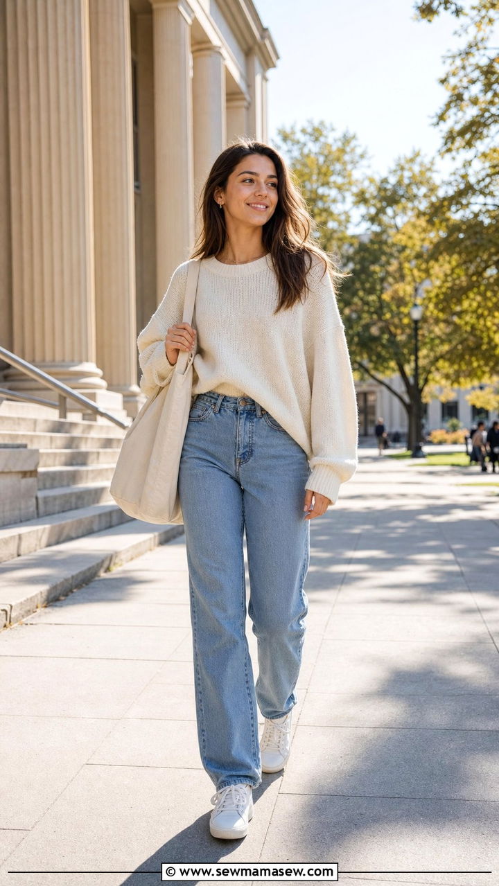 Oversized Sweater and Straight Leg Jeans Outfit - 35 Back to school outfit ideas college freshman