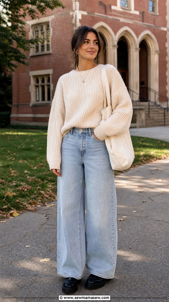 Oversized Sweater and Wide Leg Jeans Outfit - 25 Fashion for college freshman