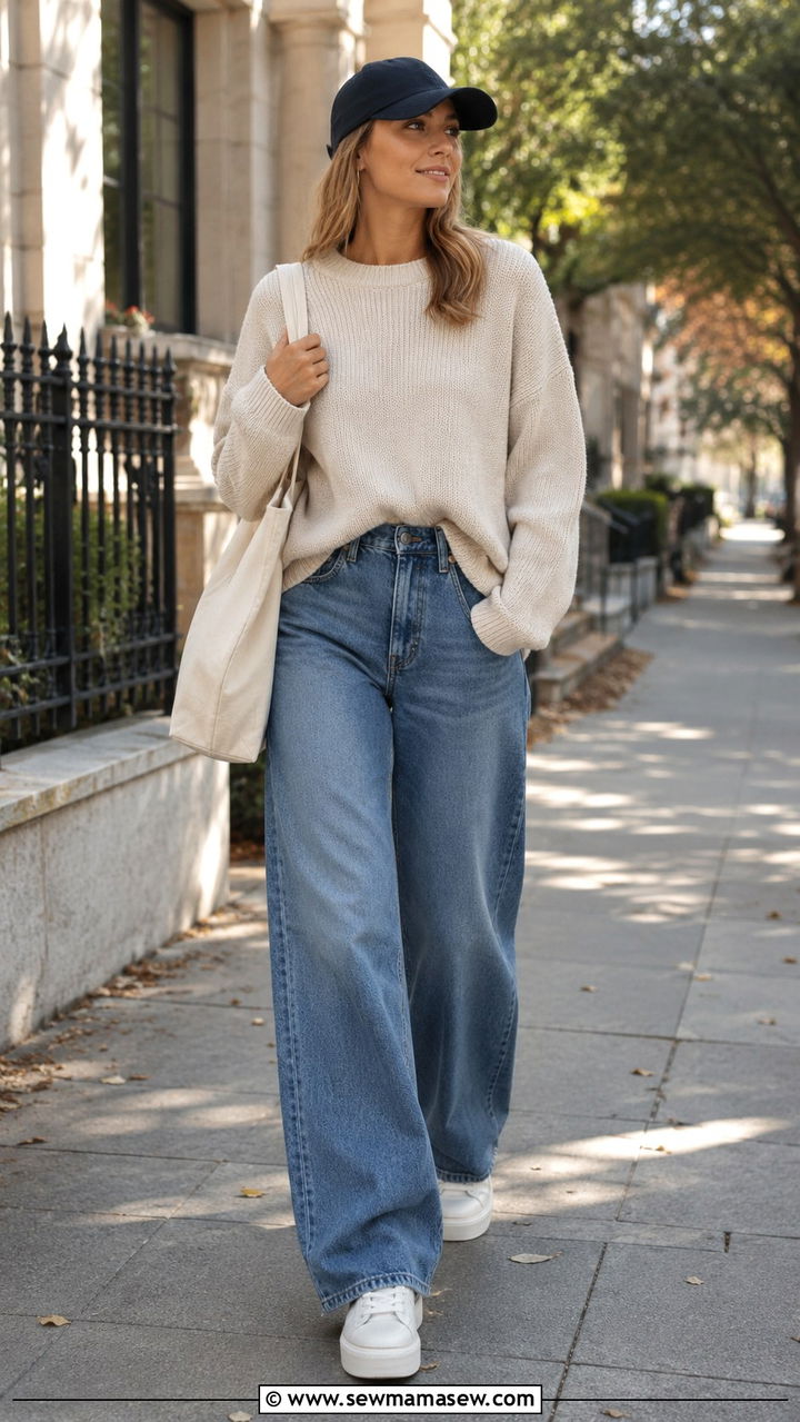 Oversized Sweater and Wide Leg Jeans With Sneakers - 25 Wide leg jeans outfit ideas with a sweater