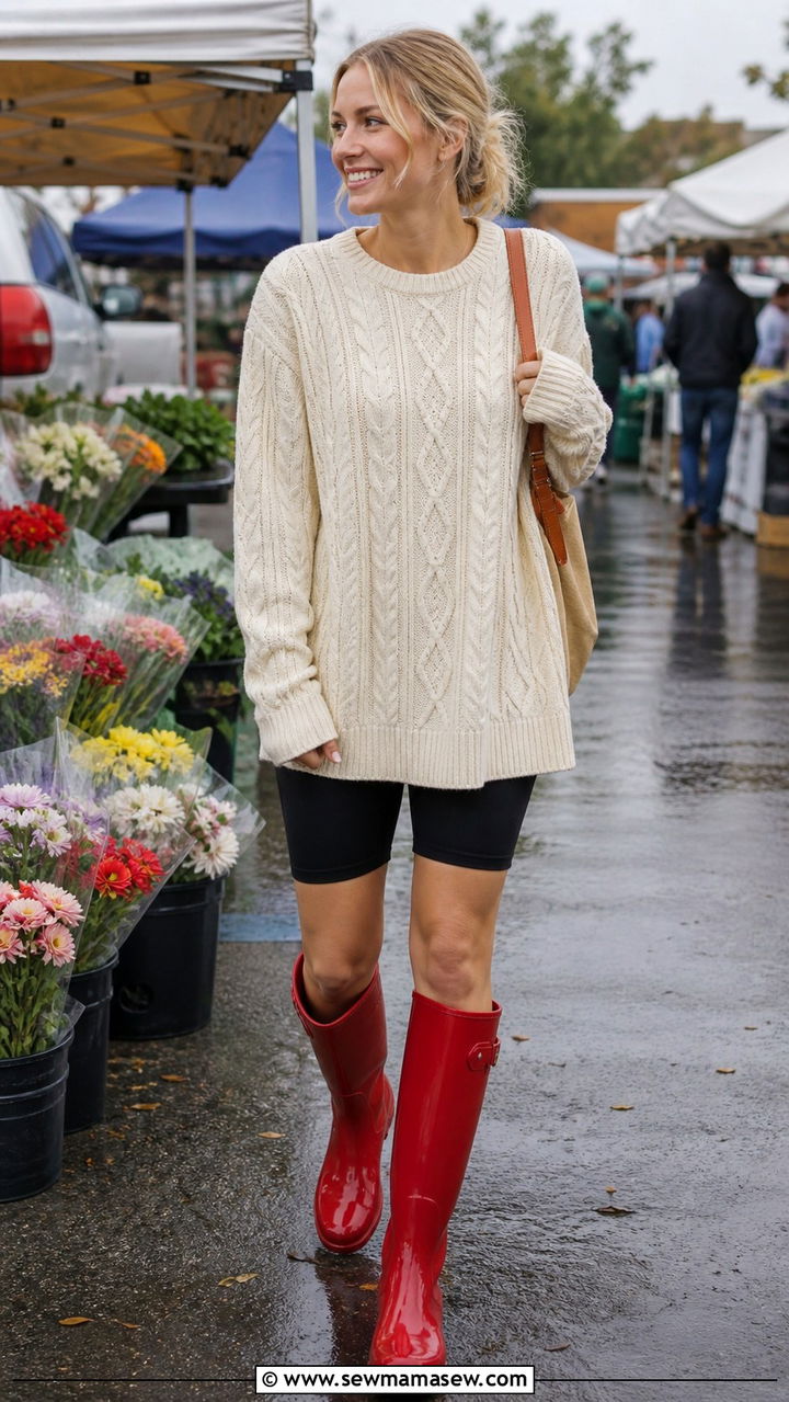 Oversized Sweater with Biker Shorts and Rain Boots - 40 rainy day outfits