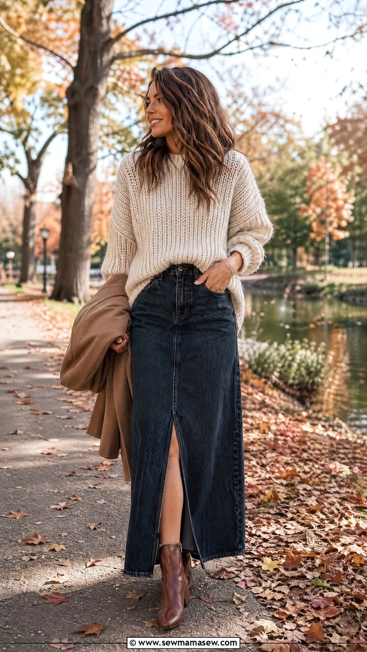 Oversized Sweater with Denim Maxi Skirt and Boots - 35 denim skirt outfits inspo