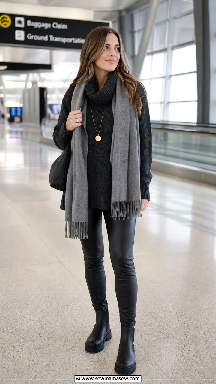 Oversized Sweater with Faux Leather Leggings - 25 Loungewear outfit ideas for travel