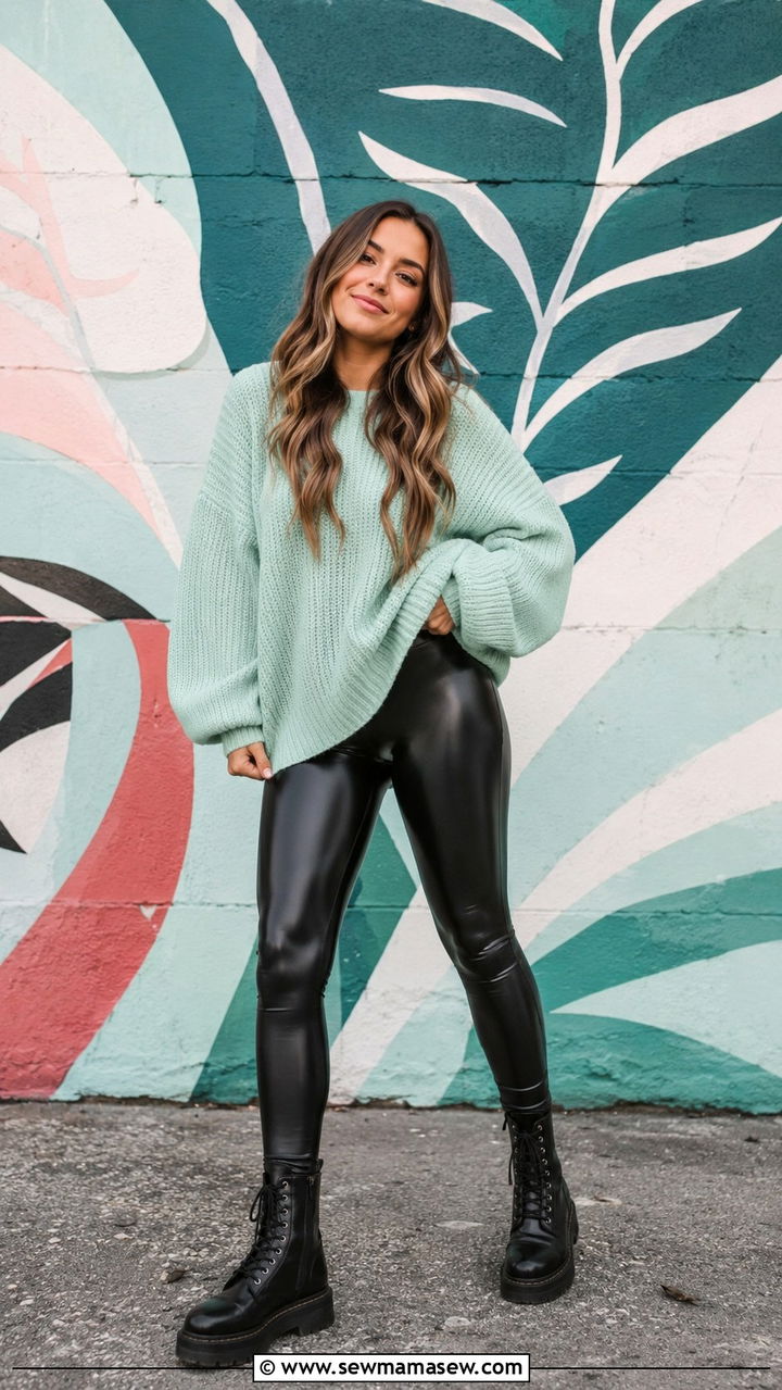 Oversized Sweater with Leather Leggings and Boots - 30 Spring senior photo outfits