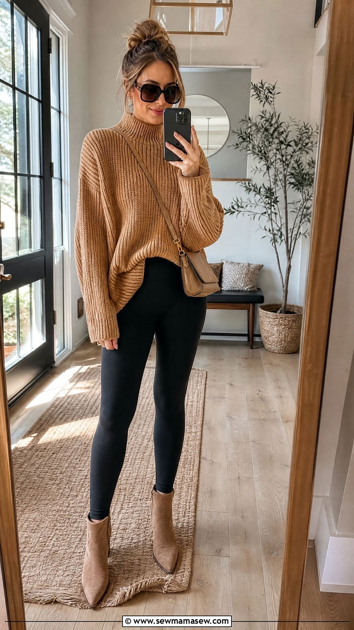 Oversized Sweater with Leggings and Ankle Boots - 25 Loungewear outfit ideas for moms