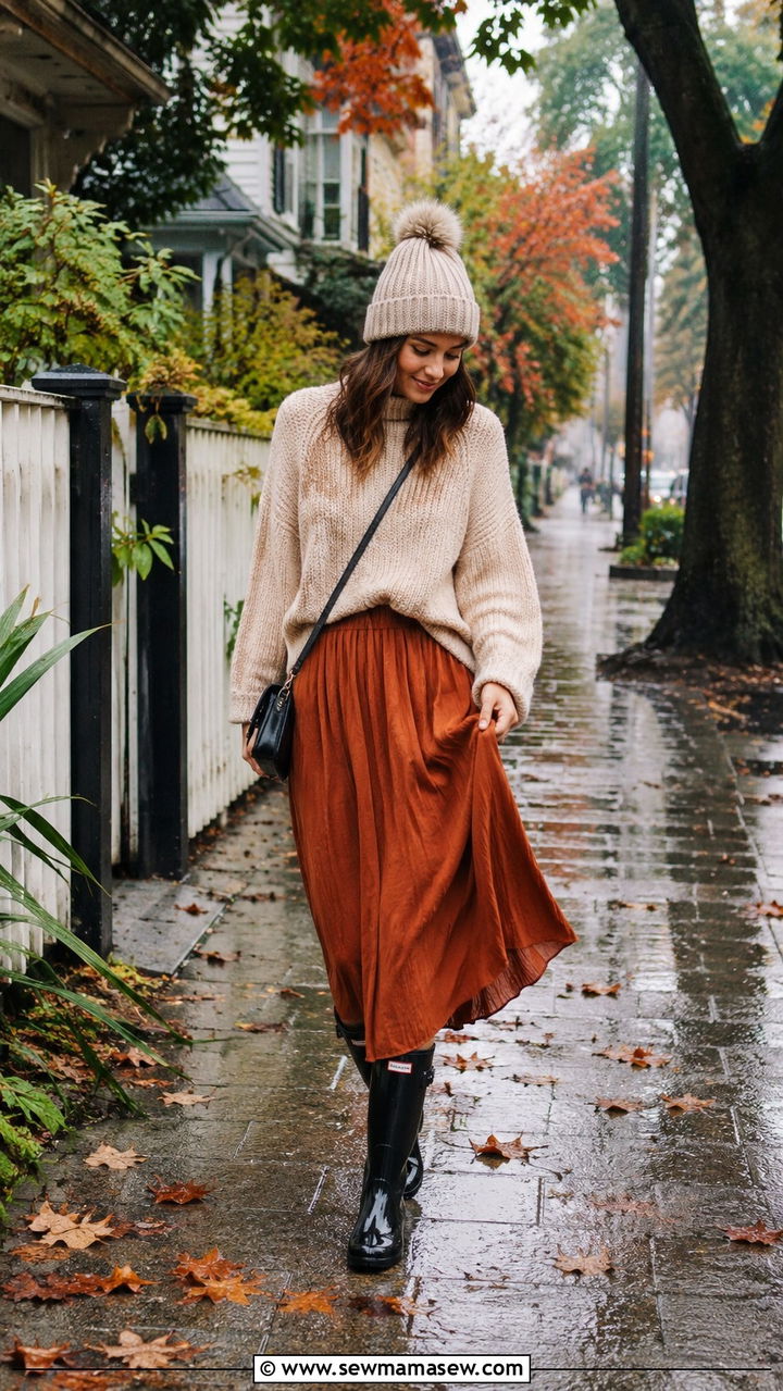 Oversized Sweater with Midi Skirt and Rain Boots - 30 classy rainy day outfits