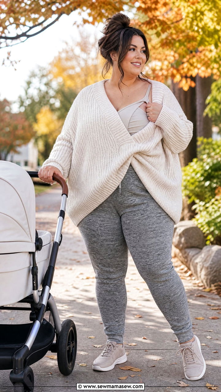 Oversized Sweater with Nursing Cami and Slim Joggers - 25 Plus size nursing outfit ideas