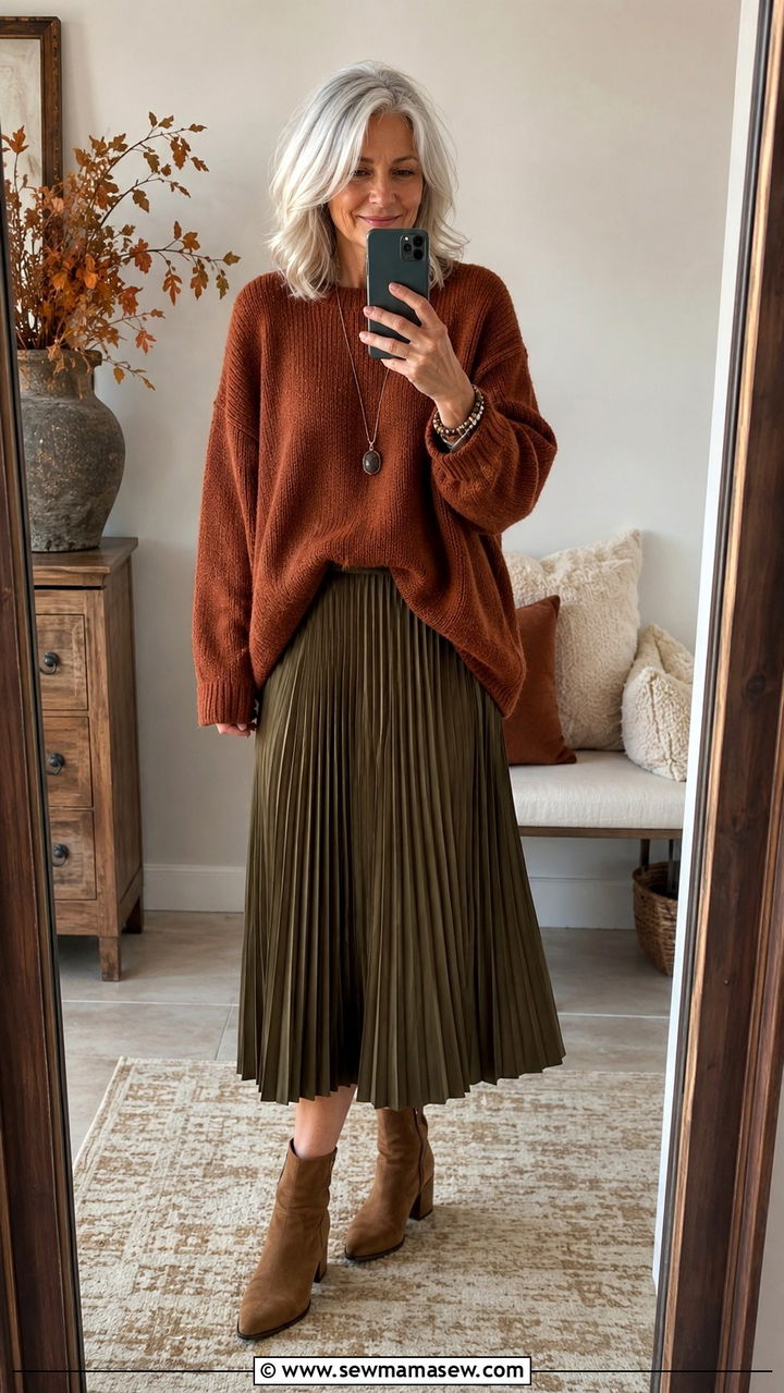 Oversized Sweater with Pleated Midi Skirt - 30 Modest outfit ideas for women over 50