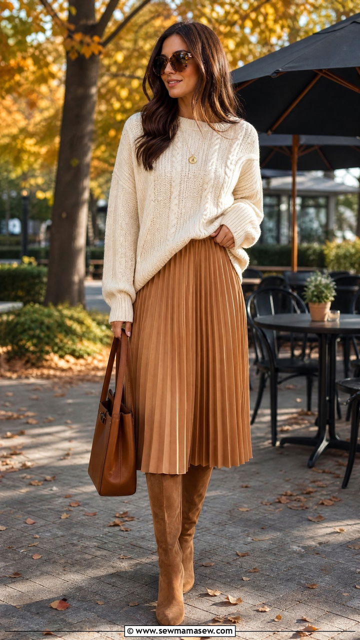 Oversized Sweater with Pleated Midi Skirt - 25 chic pleated skirt outfit ideas