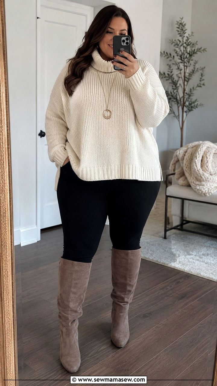Oversized Sweater with Ponte Leggings and Tall Boots Plus Size - 30 Modest outfit ideas plus size