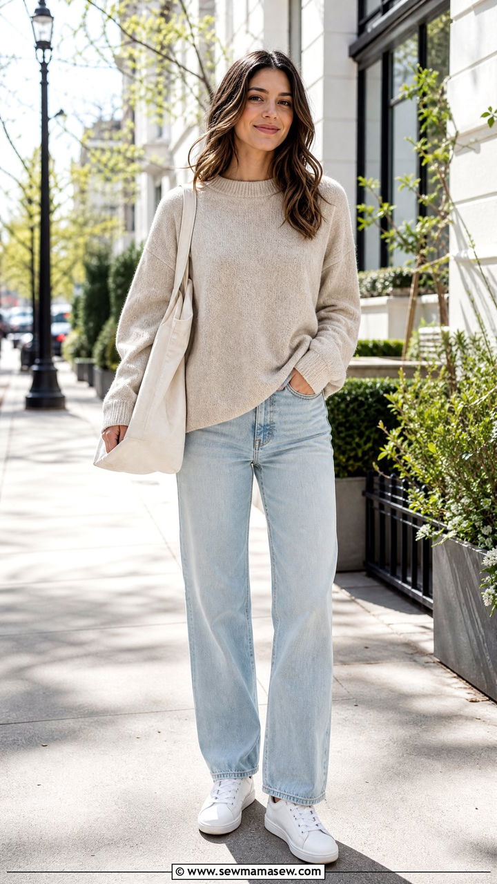 Oversized Sweater with Relaxed Jeans and Sneakers - 35 How to style a sweater in spring