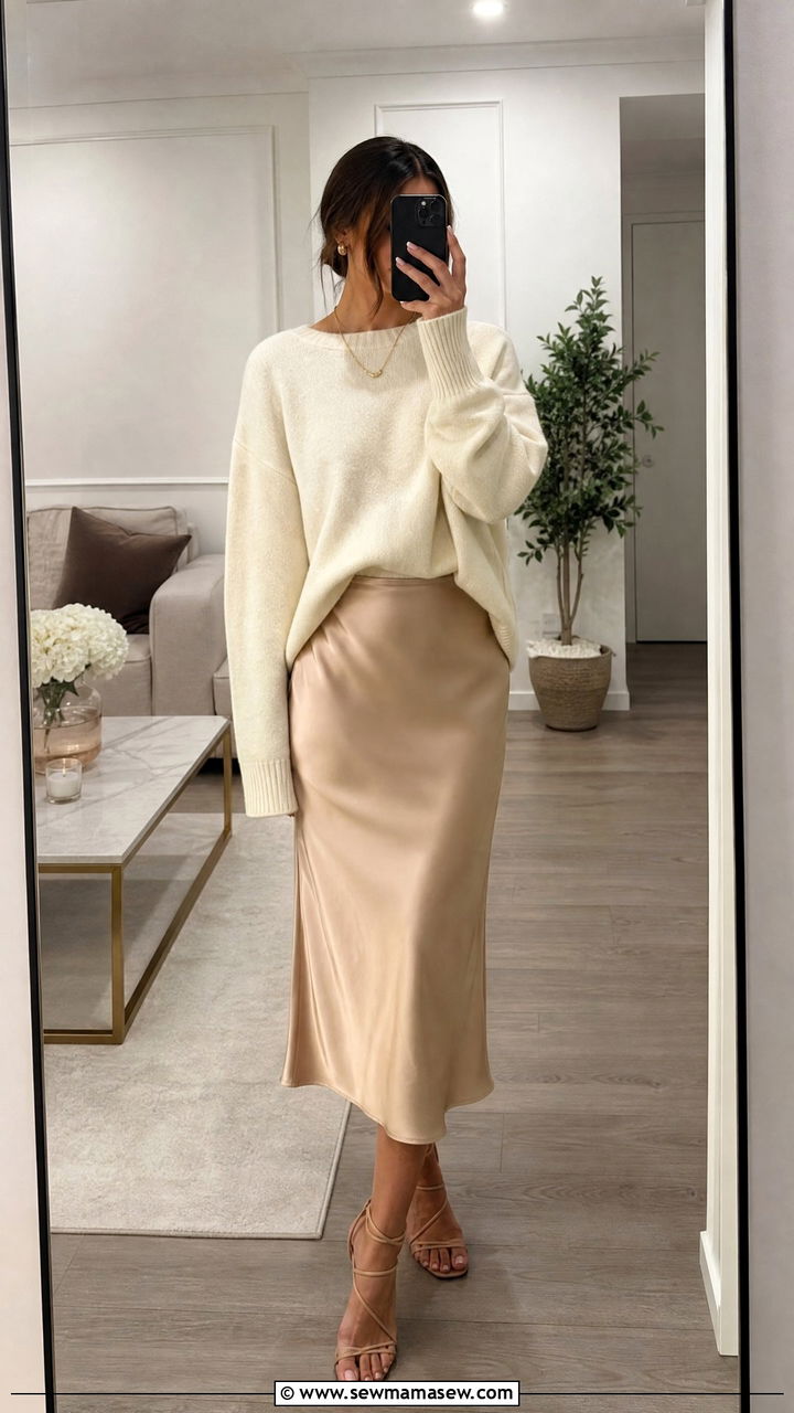 Oversized Sweater with Satin Slip Skirt Outfit - 30 modest classy outfits ideas