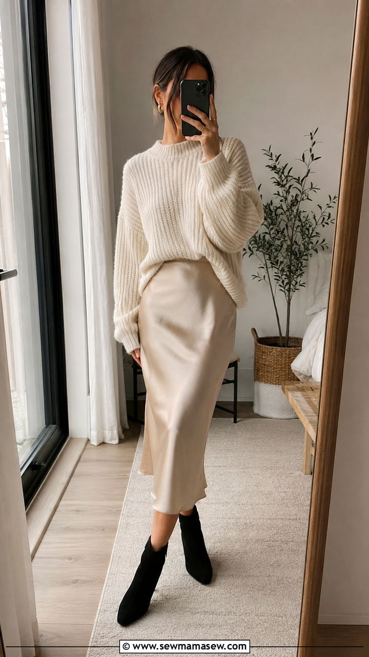 Oversized Sweater with Satin Slip Skirt and Ankle Boots - 30 transitional street style outfits