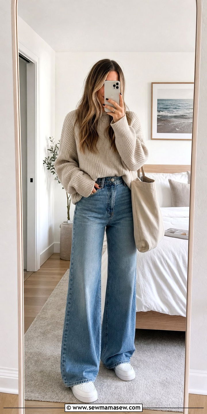 Oversized Sweater with Wide Leg Jeans - 35 back to school outfits inspo
