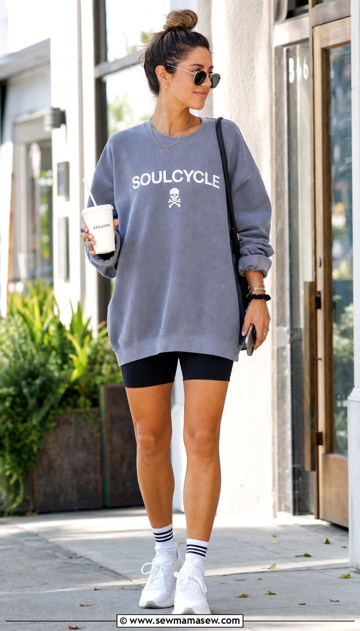 Oversized Sweatshirt And Biker Shorts - 25 SoulCycle outfit ideas