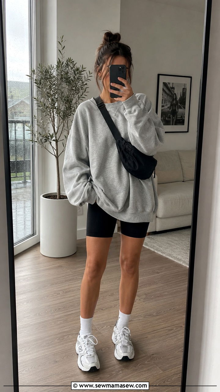 Oversized Sweatshirt With Biker Shorts And Chunky Sneakers - 30 Rainy day casual outfit ideas