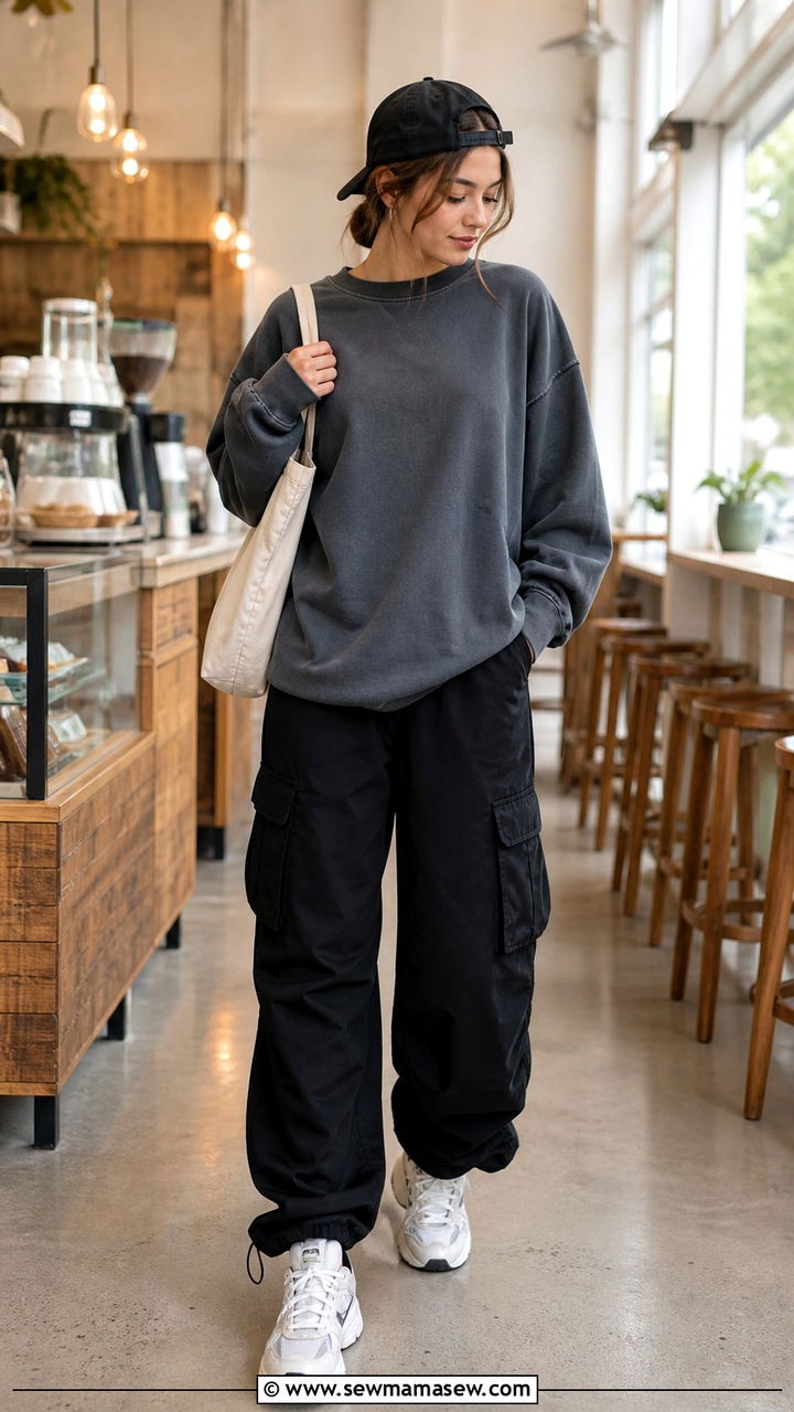 Oversized Sweatshirt With Cargo Pants and Dad Sneakers Outfit - 40 cargo pants outfit ideas for women