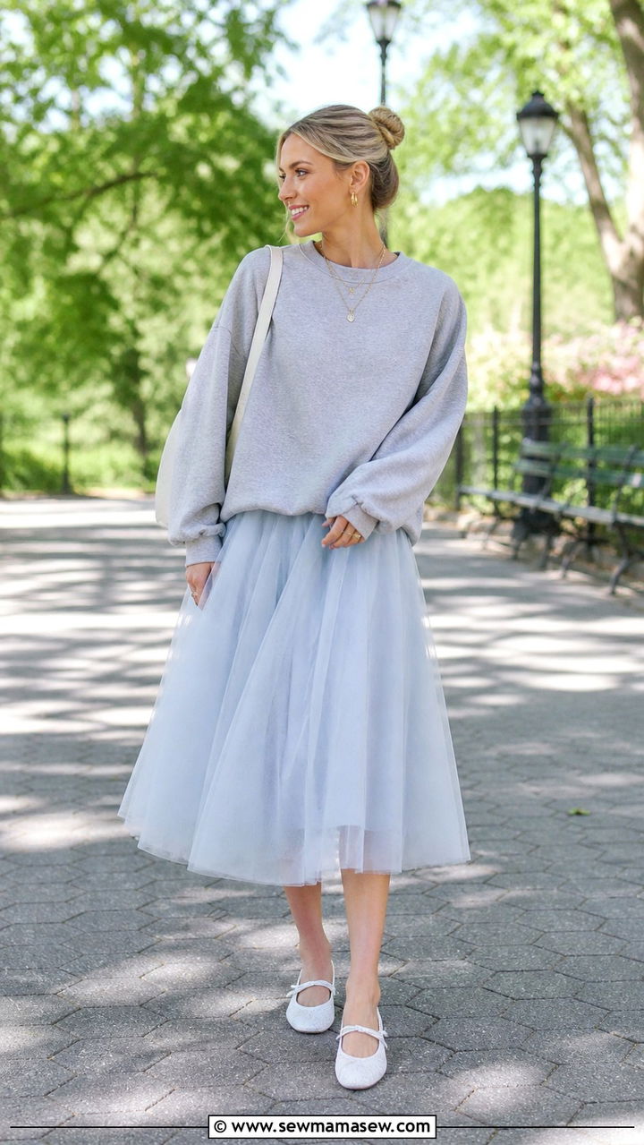 Oversized Sweatshirt With Tulle Skirt Outfit - 40 Balletcore outfit ideas 2026