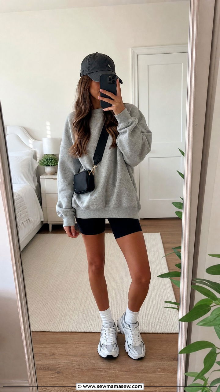 Oversized Sweatshirt and Biker Shorts Outfit - 25 First day of high school outfit ideas