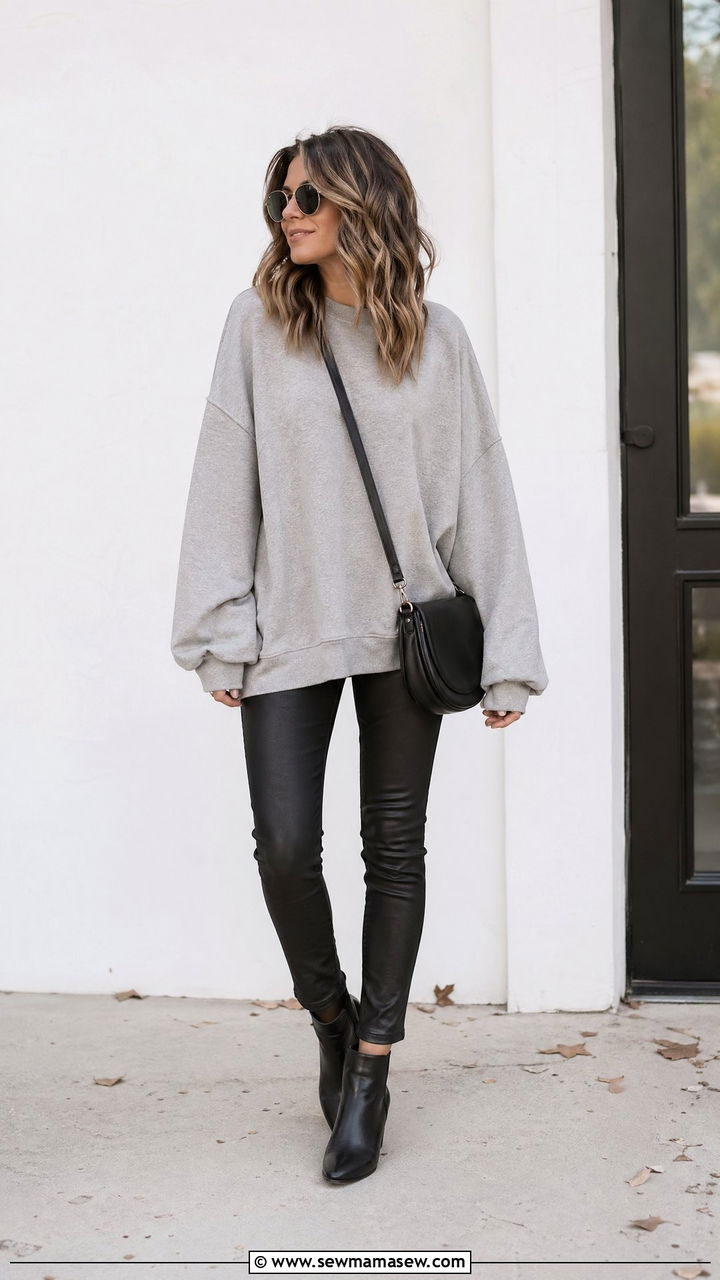 Oversized Sweatshirt and Coated Jeans Outfit - 35 Cool mom outfit ideas