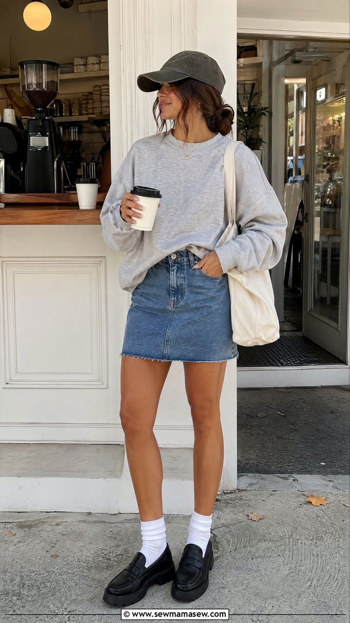 Oversized Sweatshirt and Denim Skirt Outfit - 35 denim skirt outfit ideas for women