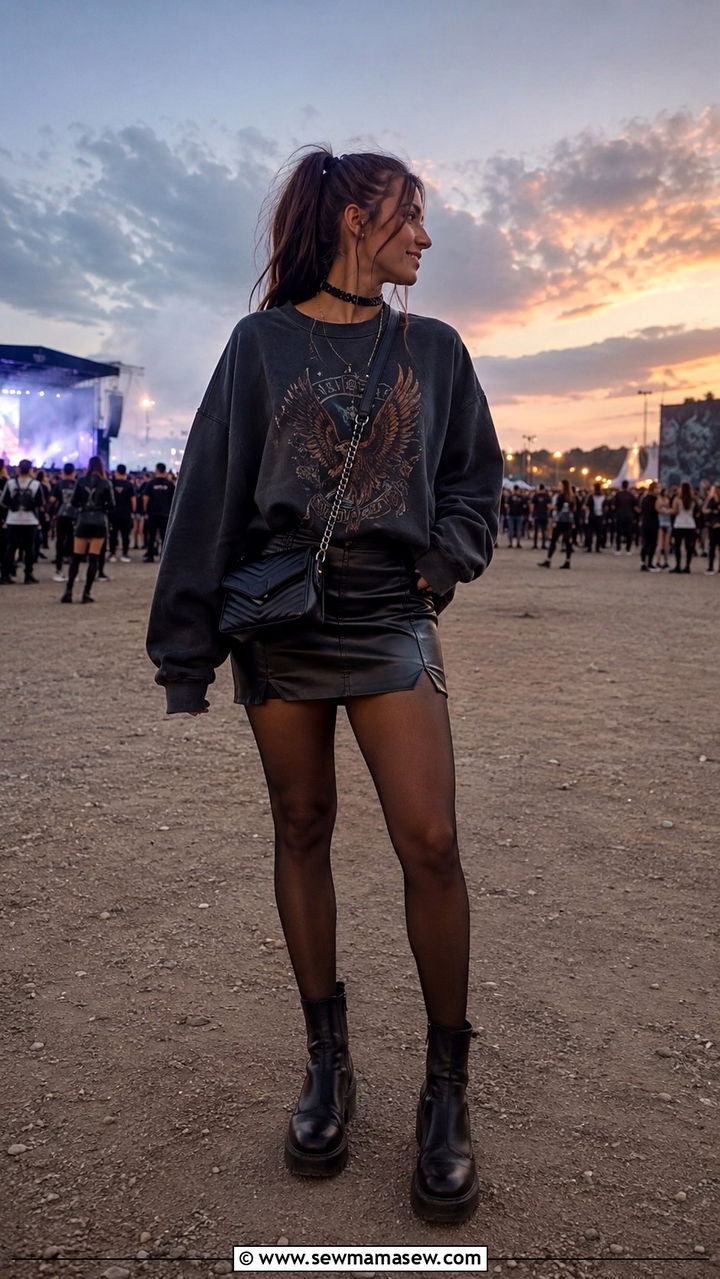 Oversized Sweatshirt and Leather Mini Skirt Outfit - 25 Rock concert outfit ideas